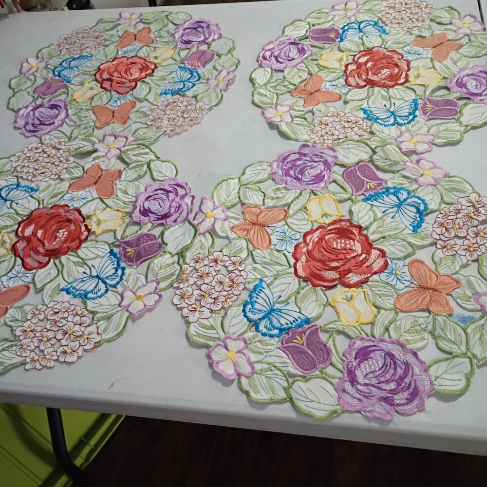 Homewear Set of 4 Round Placemats 15" Machine Embroidered Cutwork